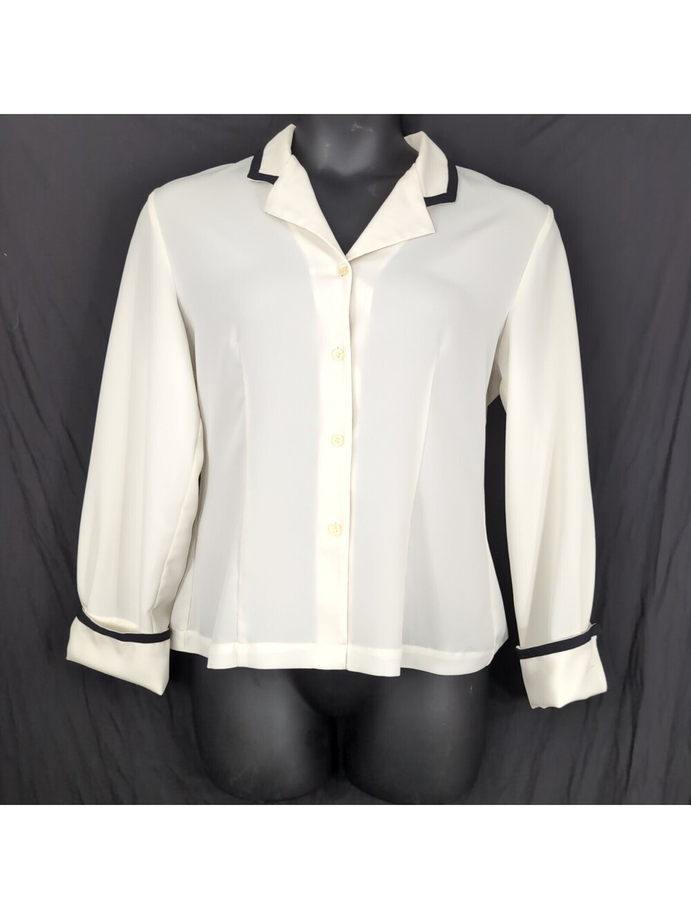 Chaus Off White Shirt Size 10 Black Trim Piping Vintage Nautical Secretarial